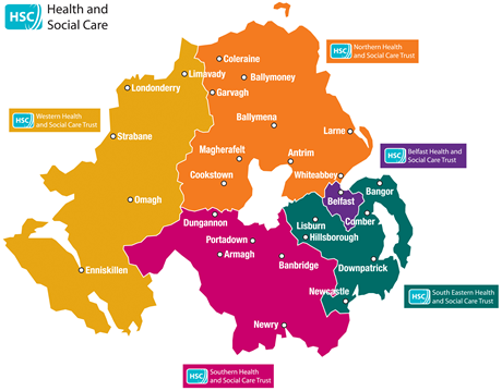 Map of Areas covered by each Health and Social Care Trust.